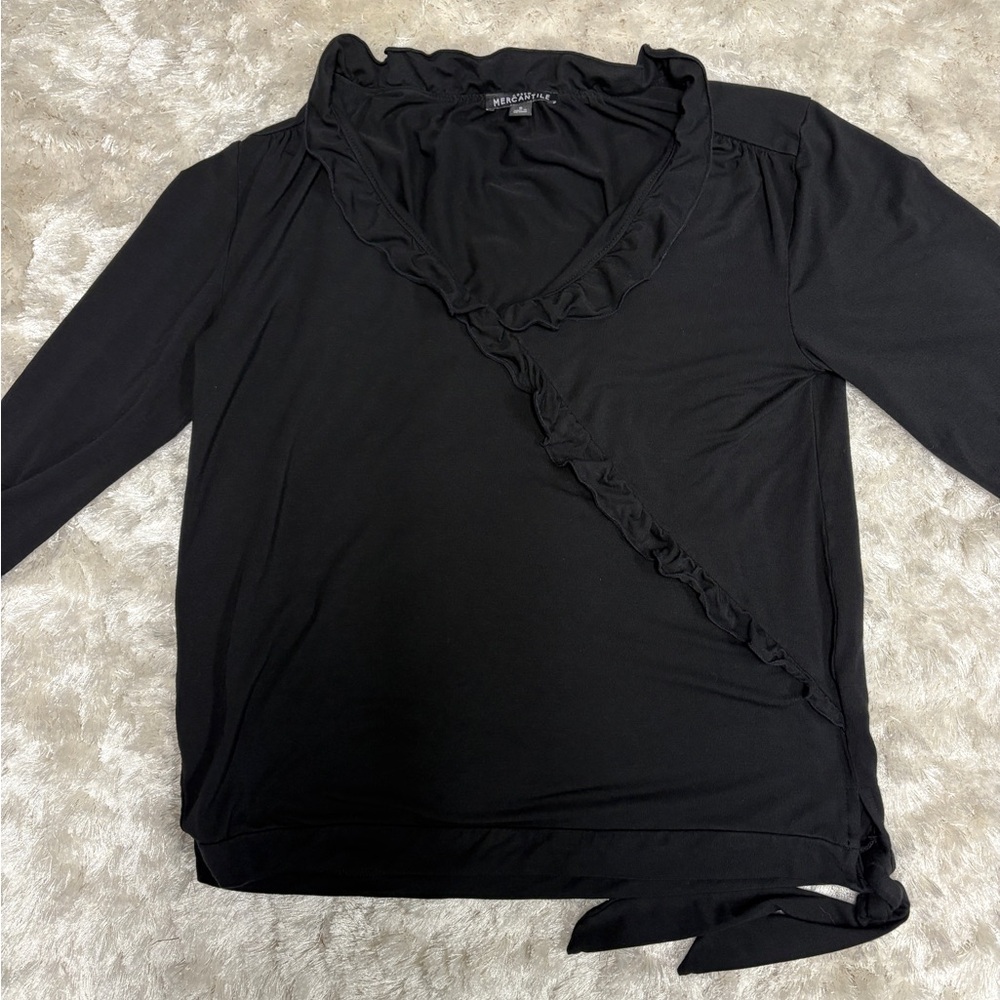 J. Crew Black Ruffled V-Neck Blouse w/ side tie - Women’s S